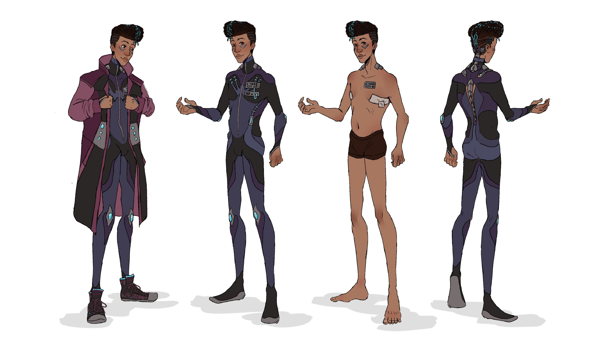 Xevier, a cyberpunk inspired netrunner character created for my partner.